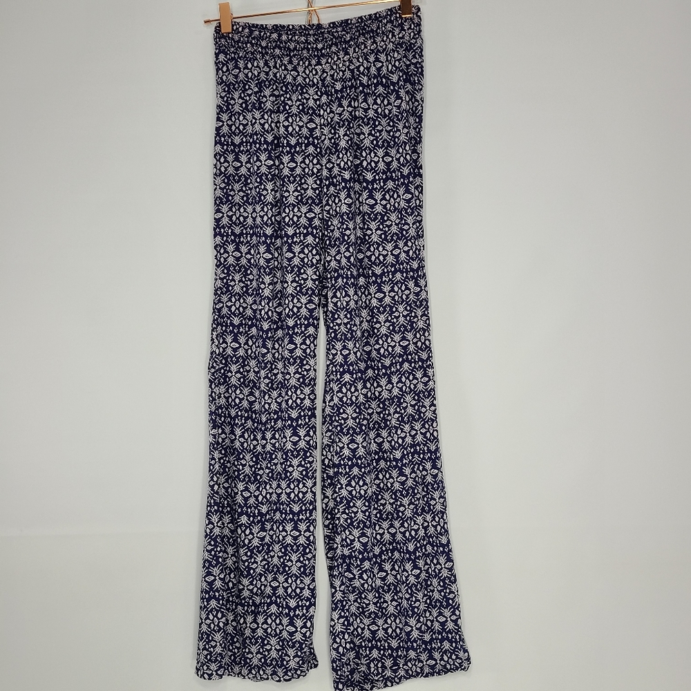 Decree Pants Pull-On Straight Leg Blue White Summer Boho Flowy Size Small